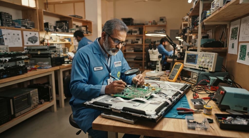 Master Technician Repairing LED TV PCB in Patiala Workshop